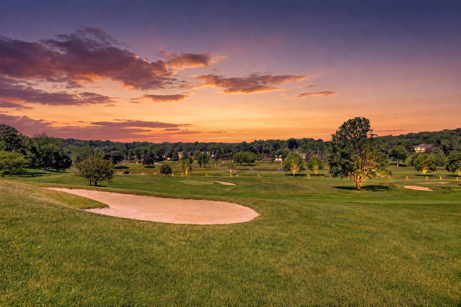 The Brownson Country Club golf course at sunset, with a sweeping fairway, sand bunker, and scattered trees under a vibrant orange-and-purple twilight sky in Huntington, Connecticut